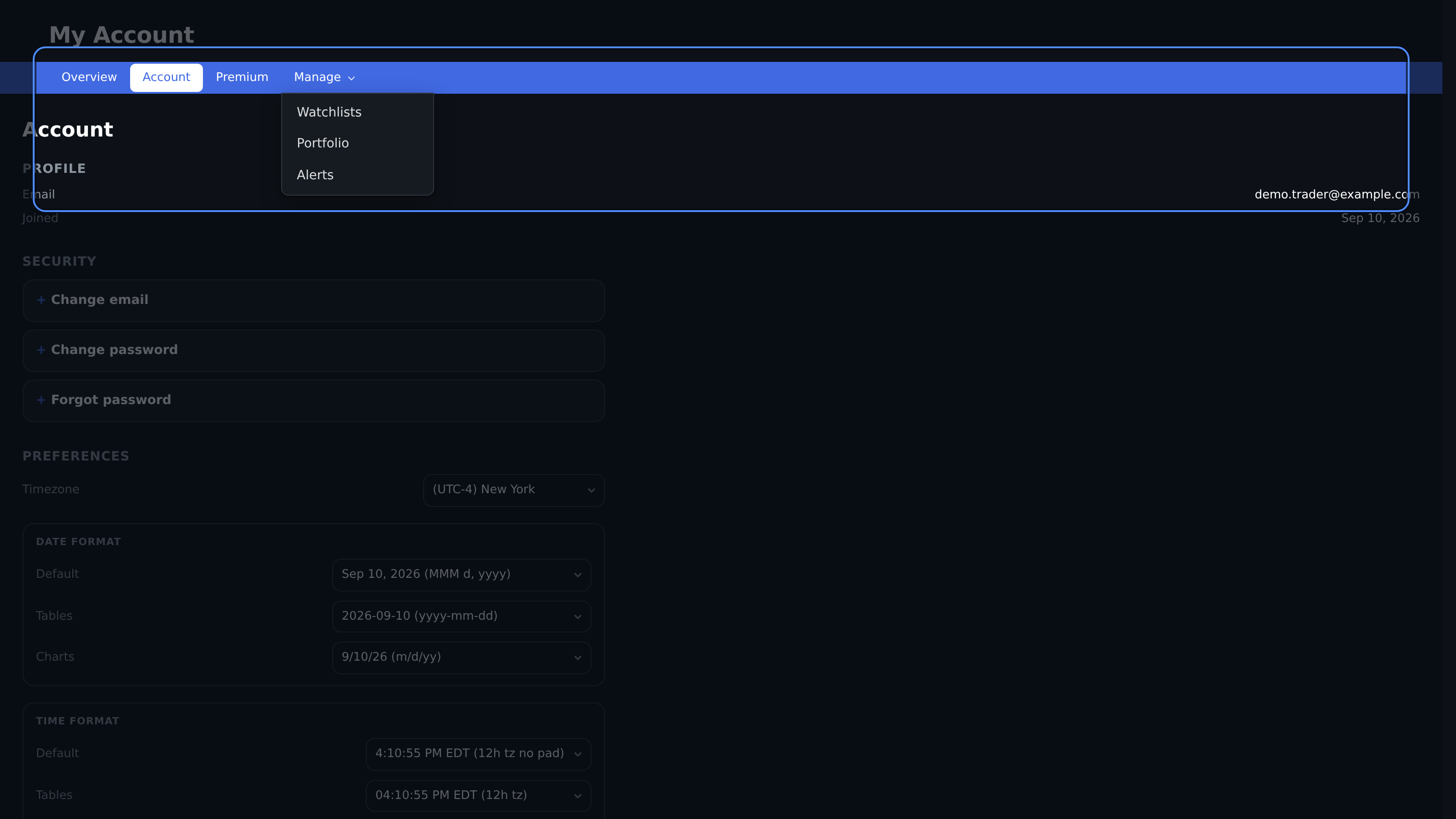 Account navigation with the Manage menu open