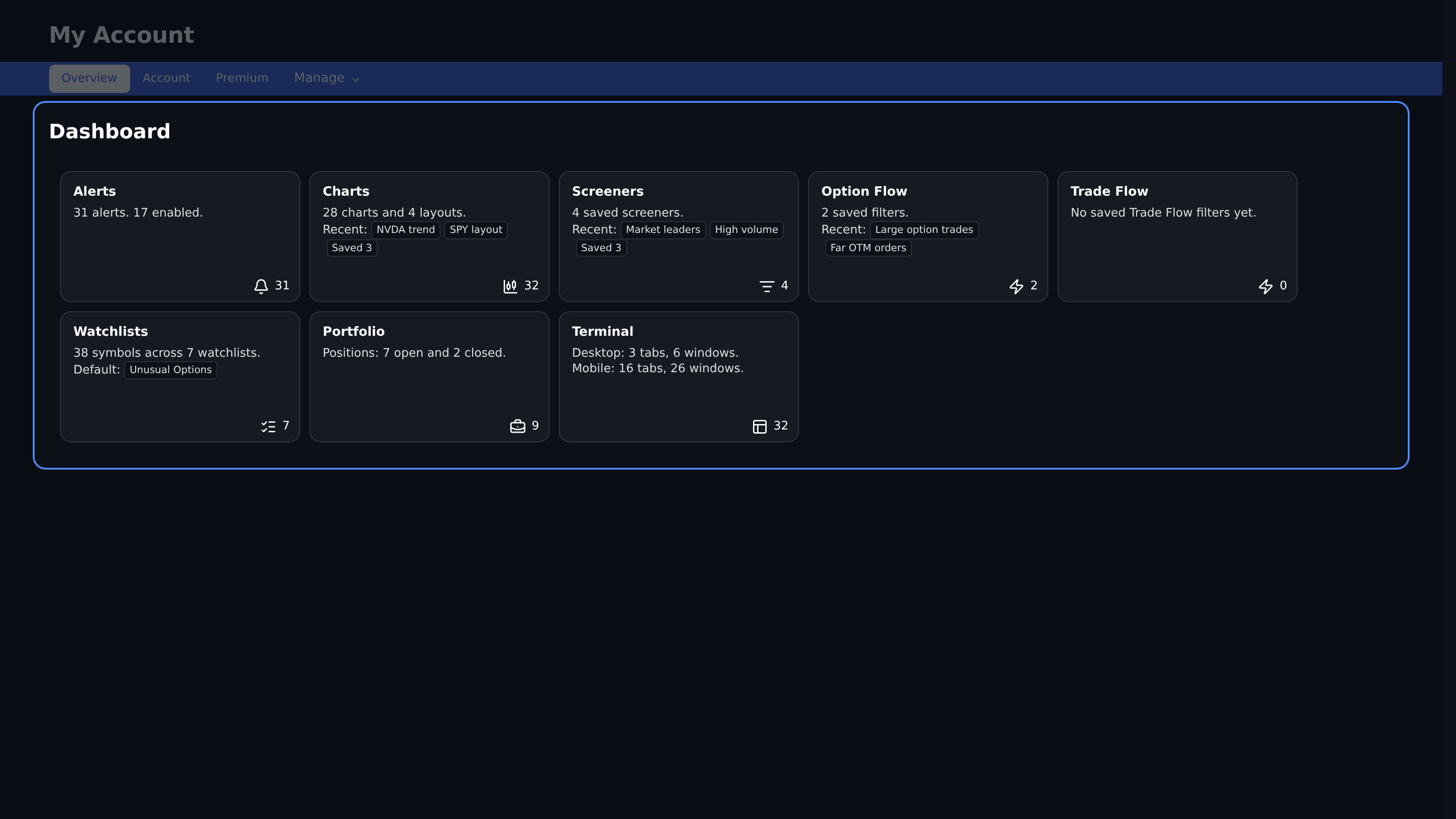 Account Dashboard with cards for saved tools and data