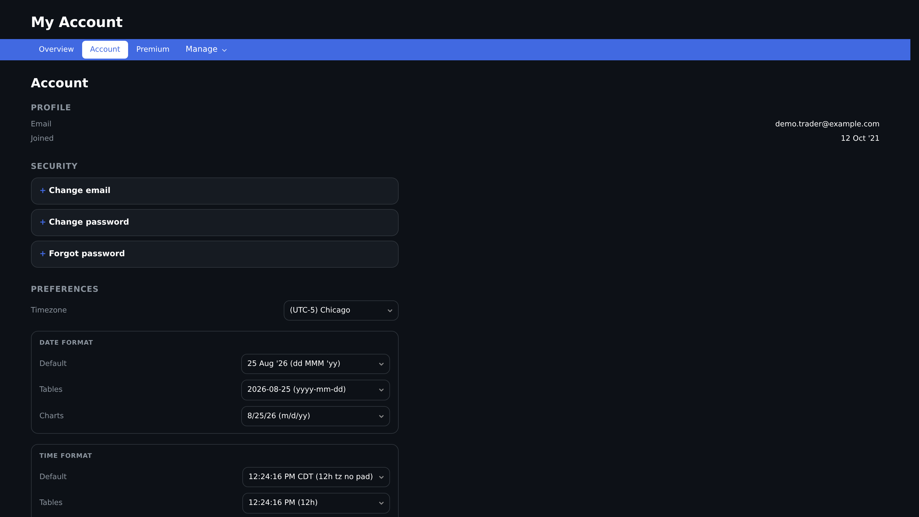 Account security and timezone, date, and time preferences