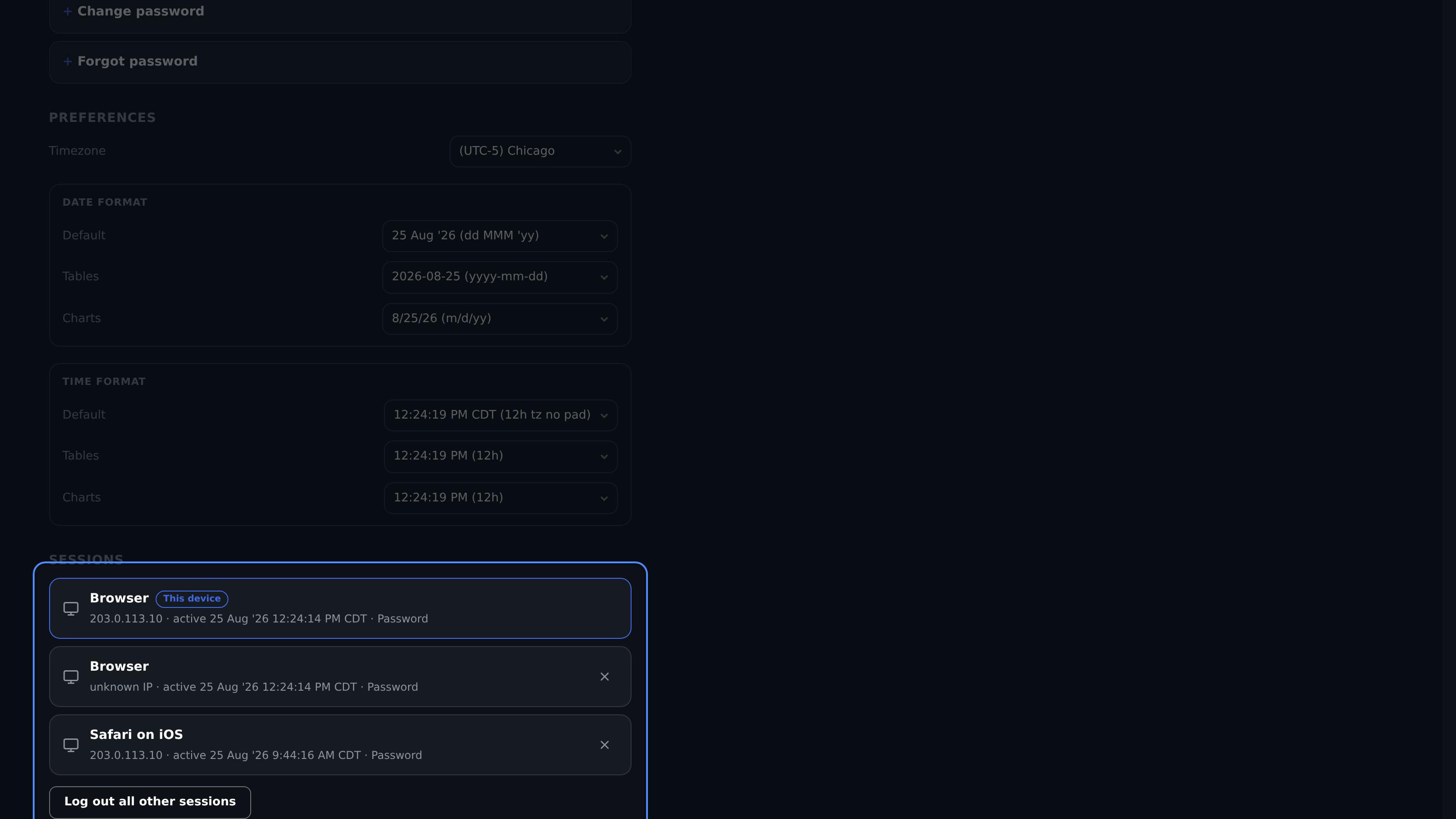 Account session list with device, activity, IP, authentication, and revoke controls