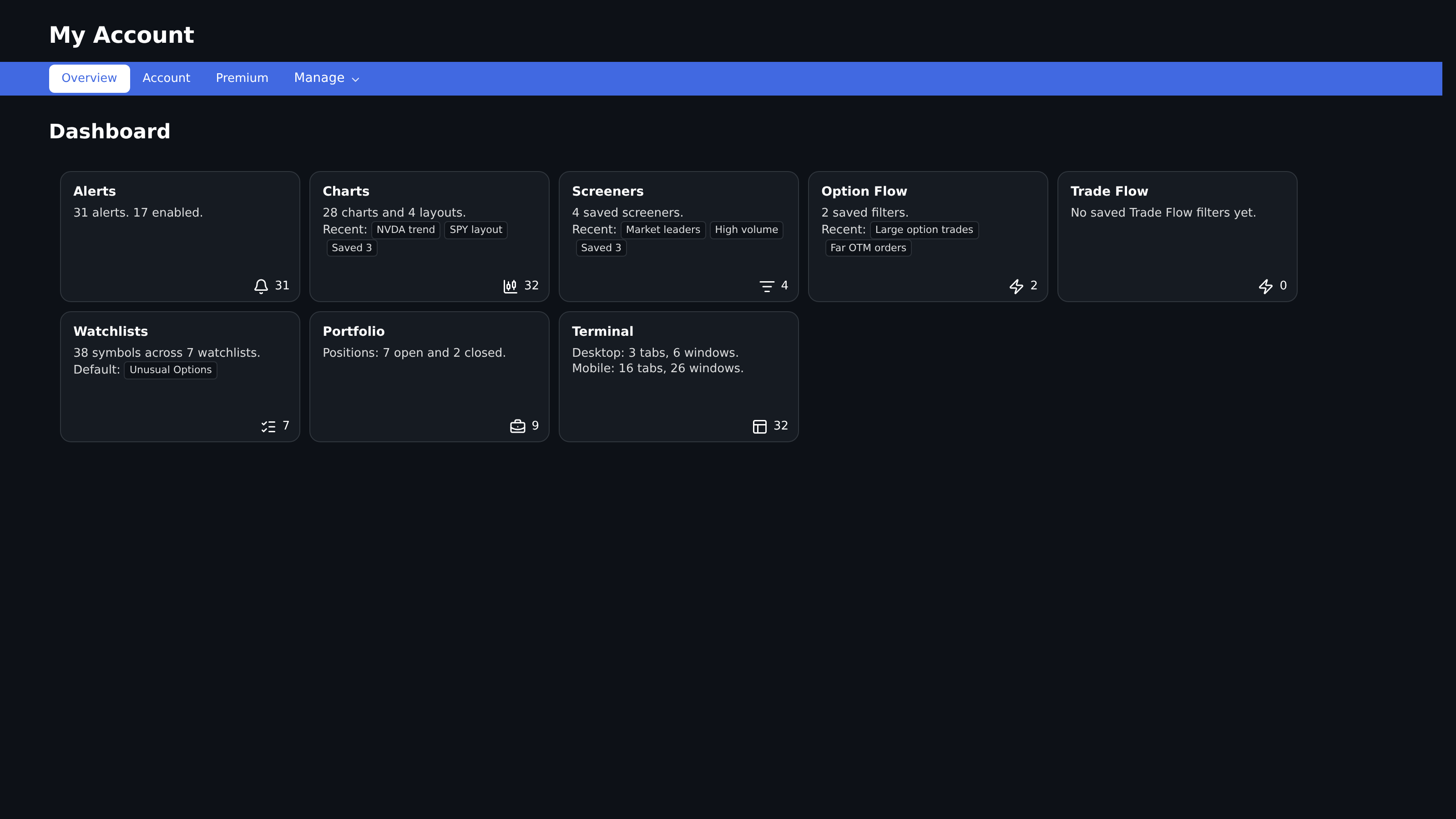 Account Dashboard with cards for saved tools and data