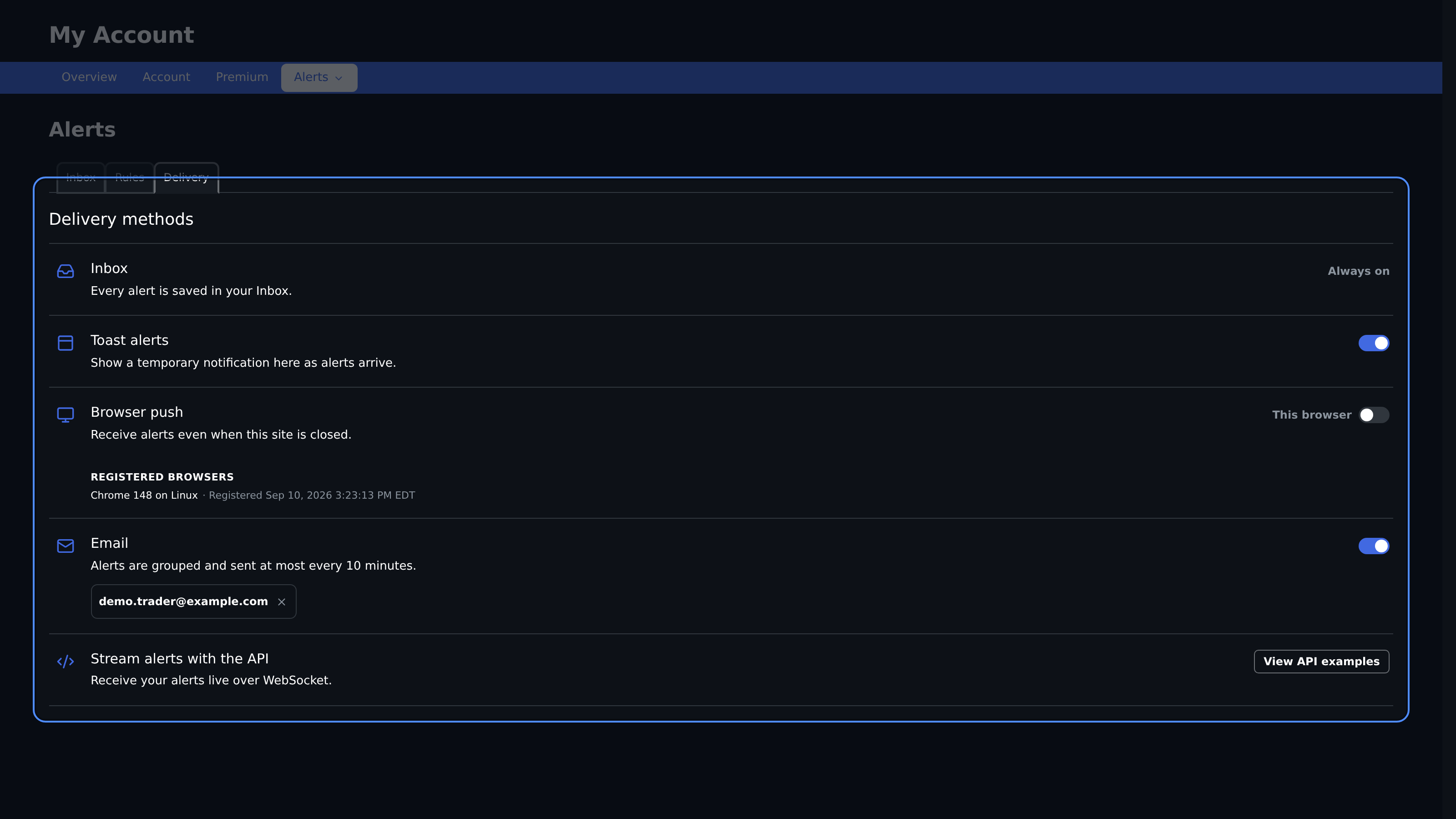 Alerts Delivery tab with Inbox, toast, browser push, email, and API options