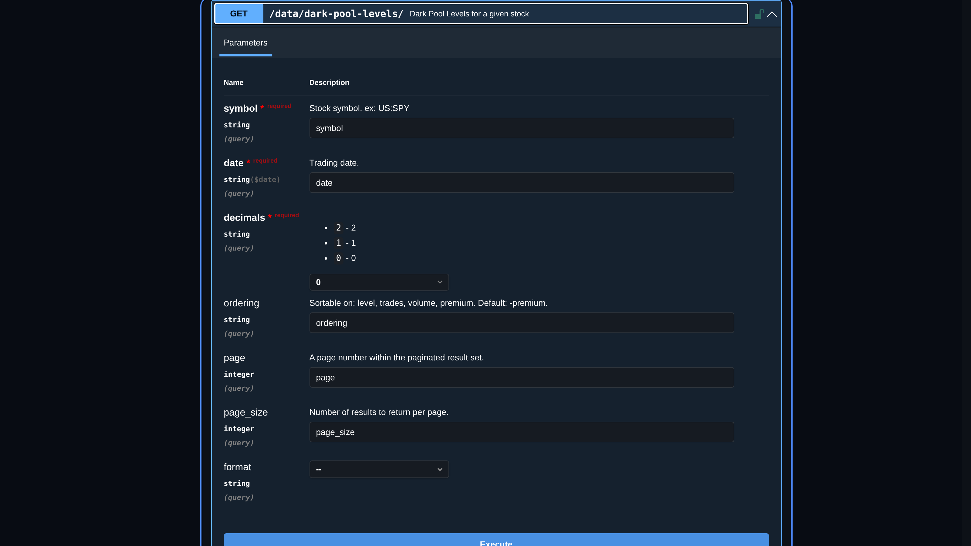 Expanded API v1 endpoint showing parameters, tier requirement, and response schema