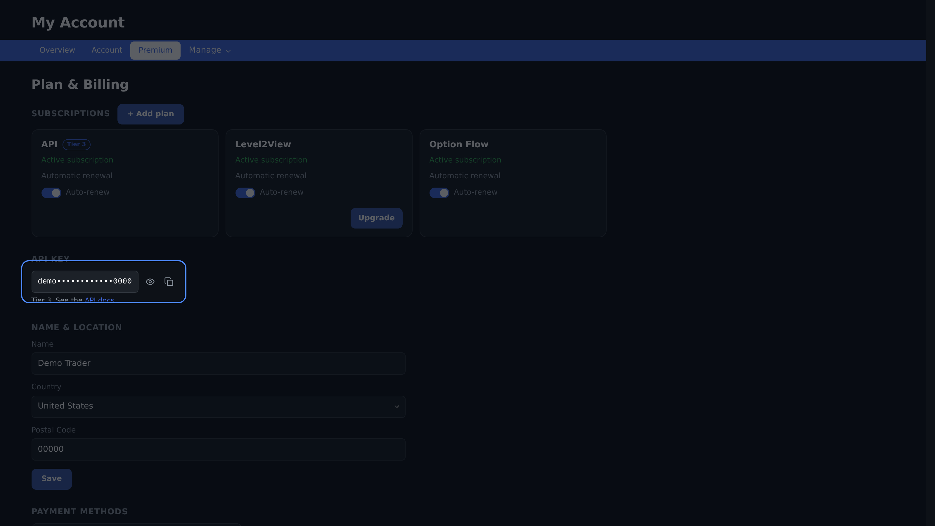 Plan and Billing API Key panel with reveal, copy, tier, and API reference link