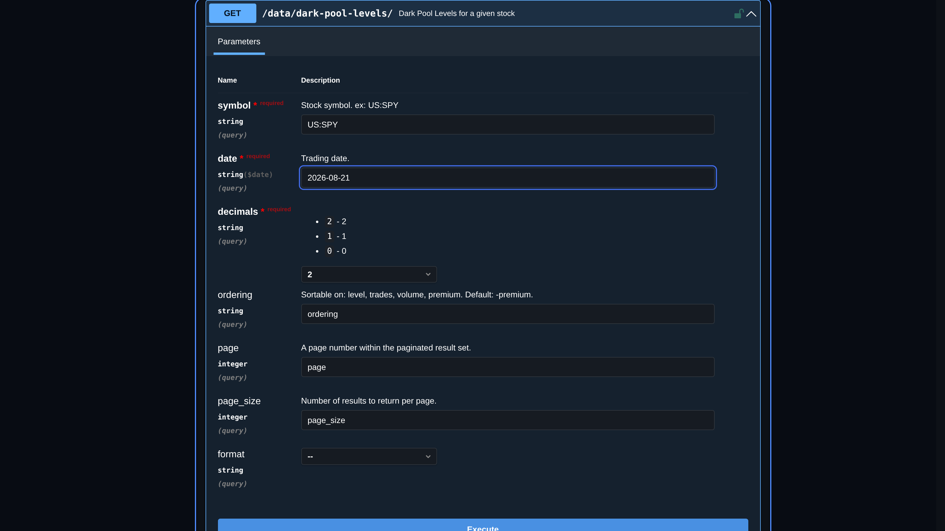 API v1 interactive operation with parameters prepared for a small test request