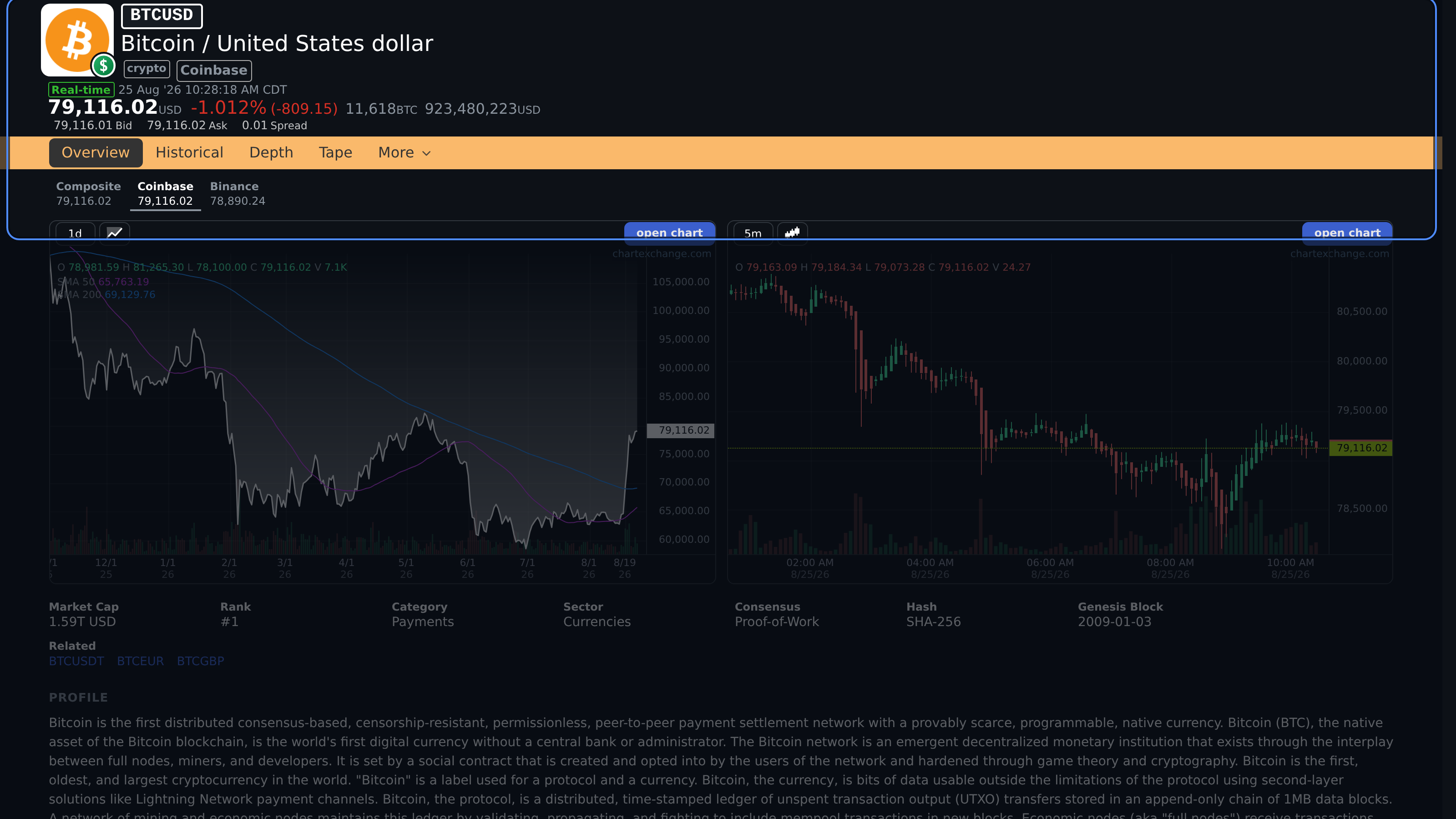 BTCUSD pair header and exchange venue row on the Overview tab