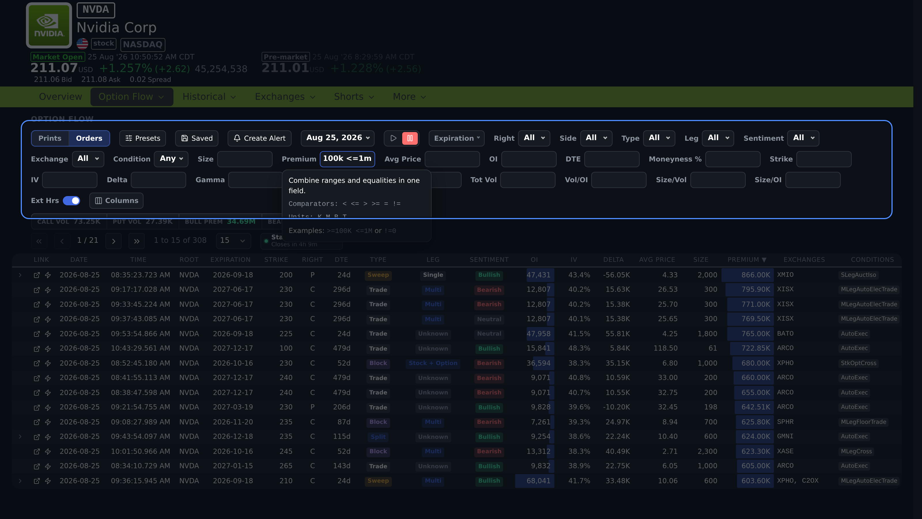 Option Flow toolbar with categorical and numeric filters