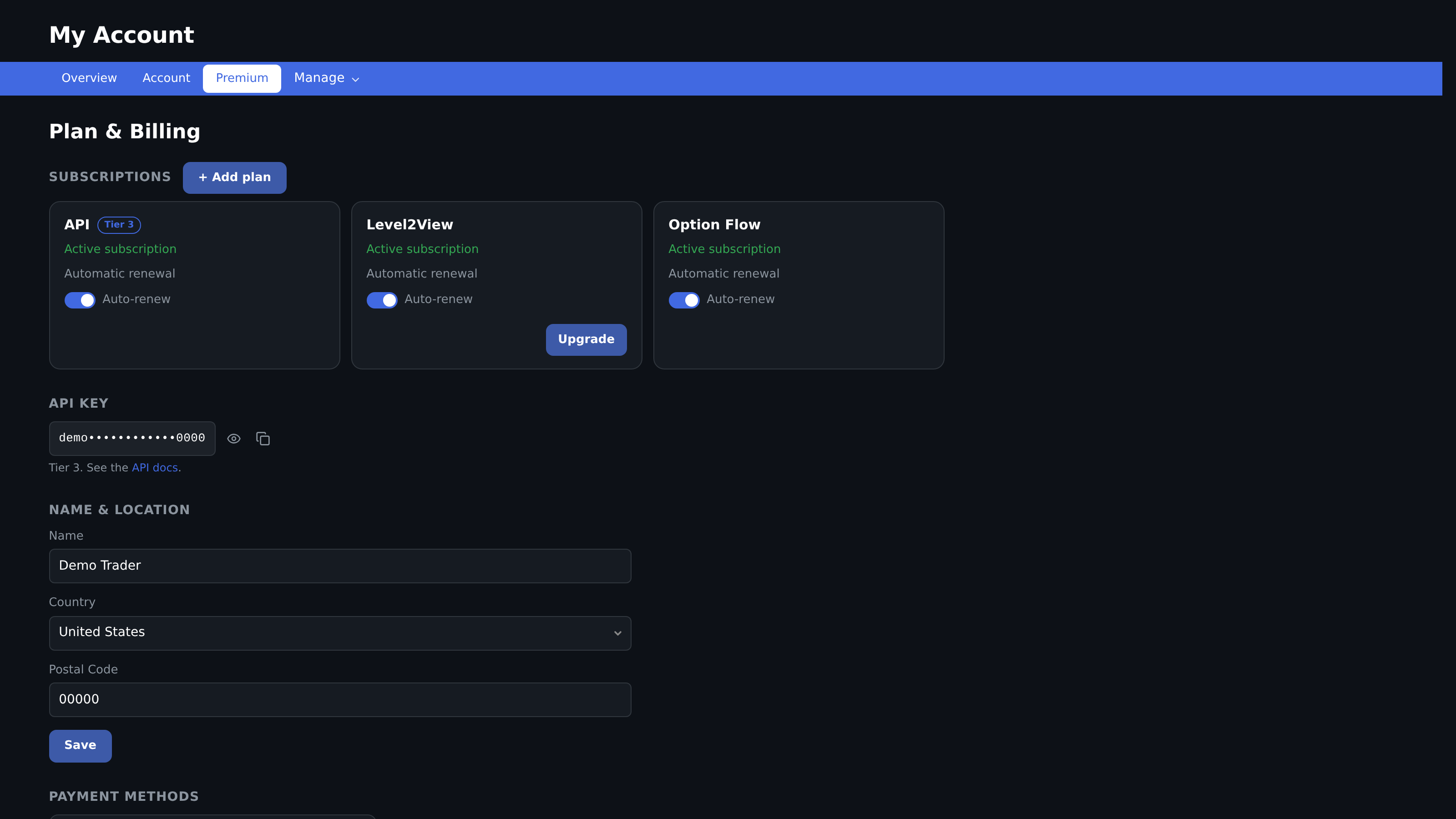 Plan and Billing page with subscriptions and a masked API key