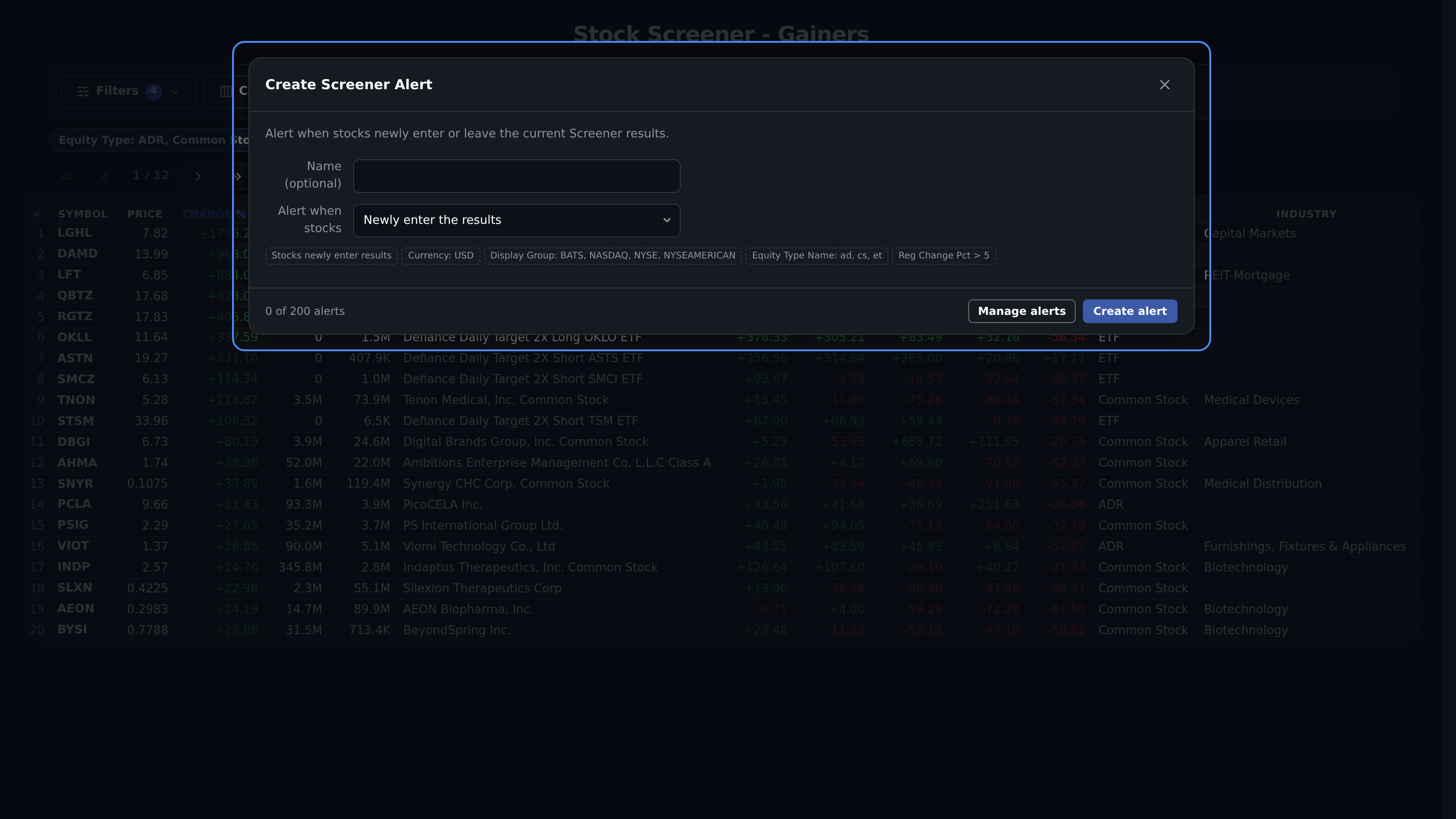 Screener alert editor showing result-membership trigger choices