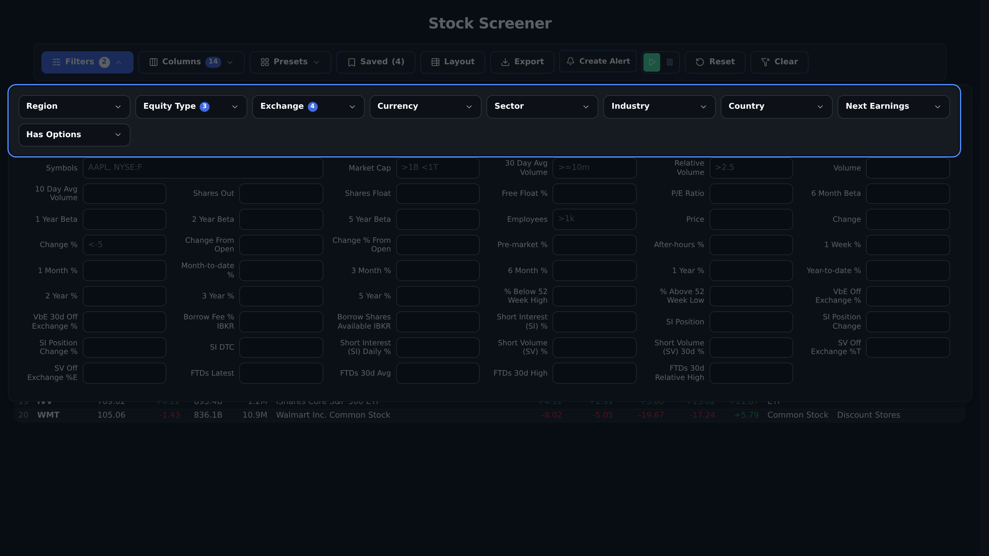 Screener category filters for universe and classification fields