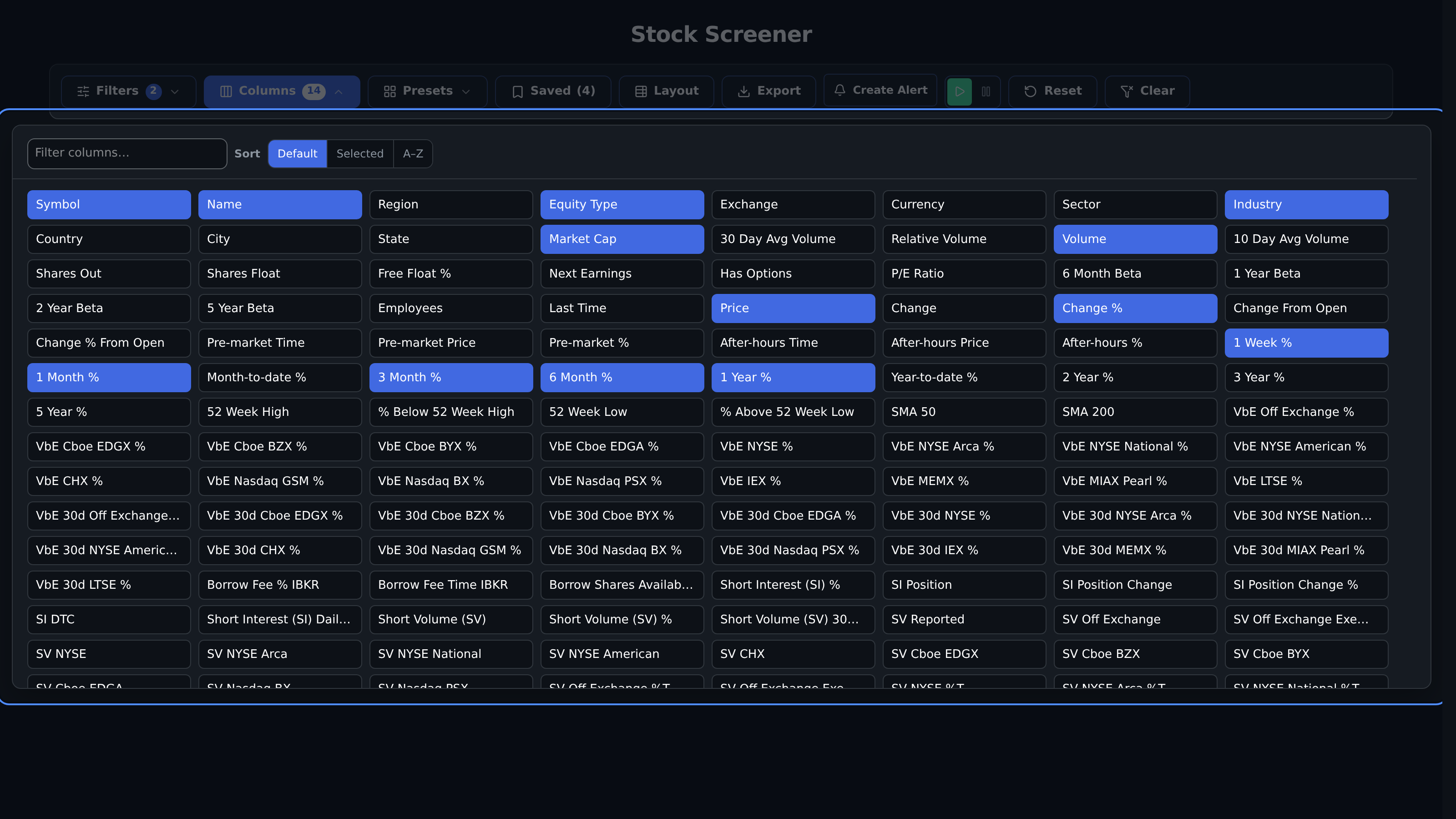 Screener column picker used to configure a results table