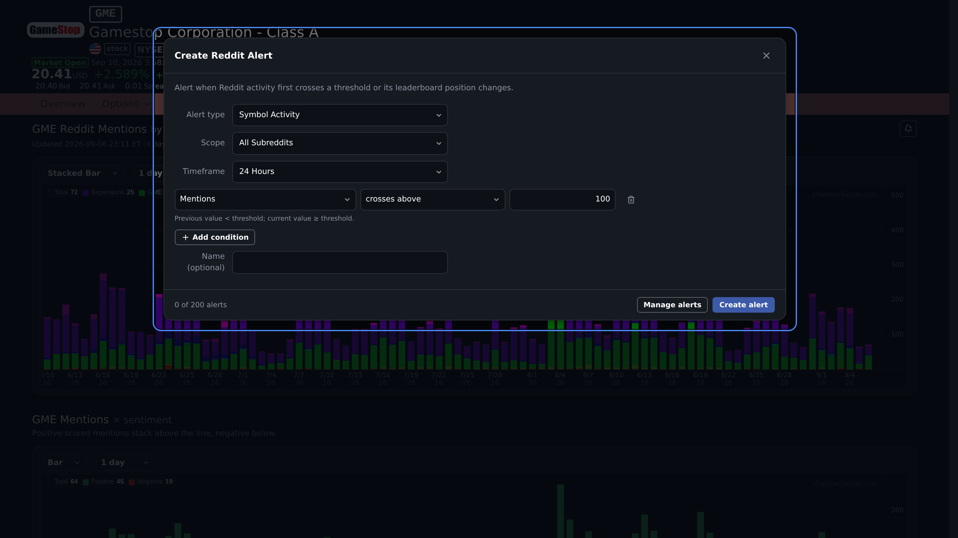 GME Reddit alert with scope, timeframe, and mention conditions