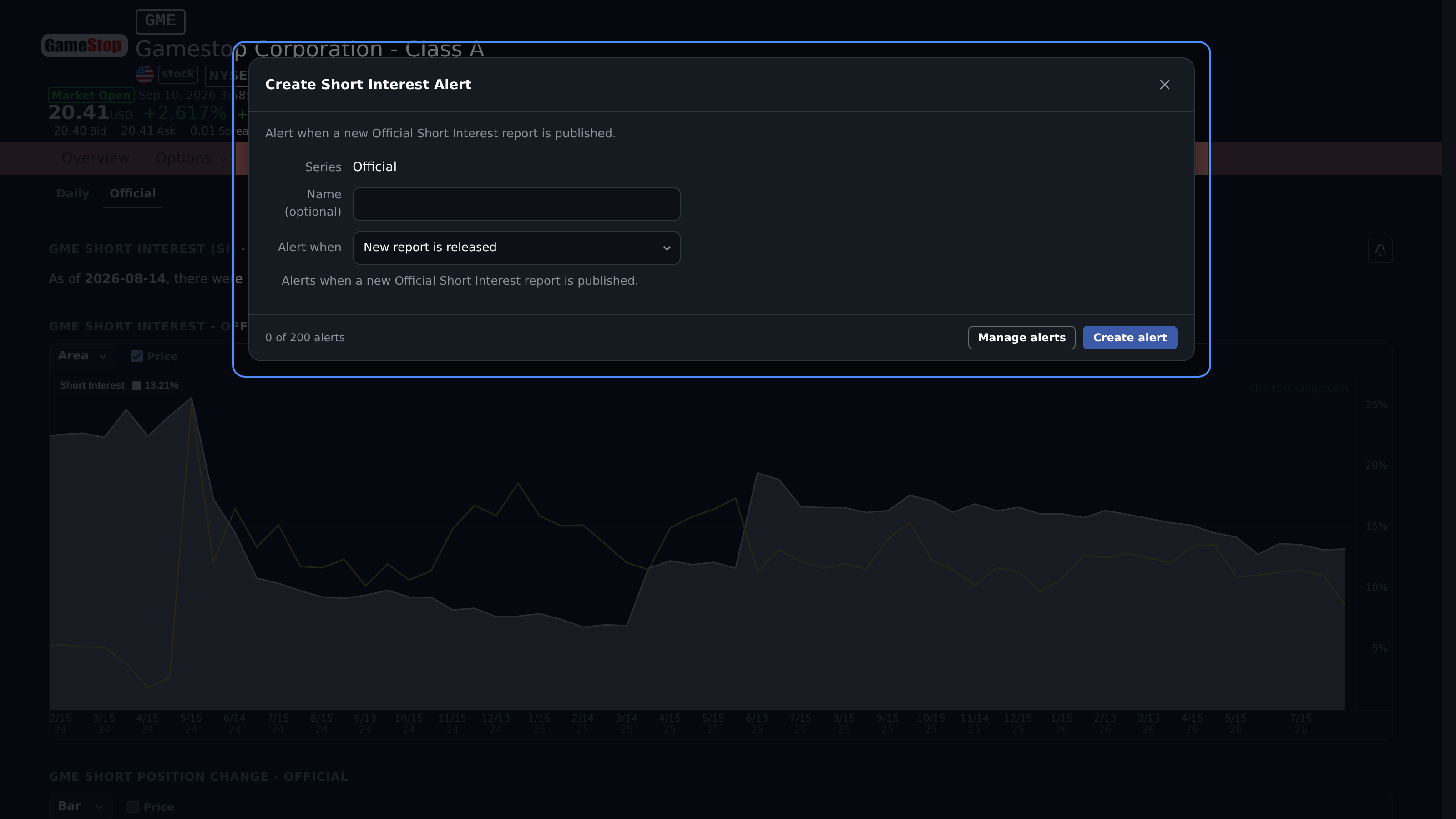 GME Short Interest alert with Release and Conditions choices