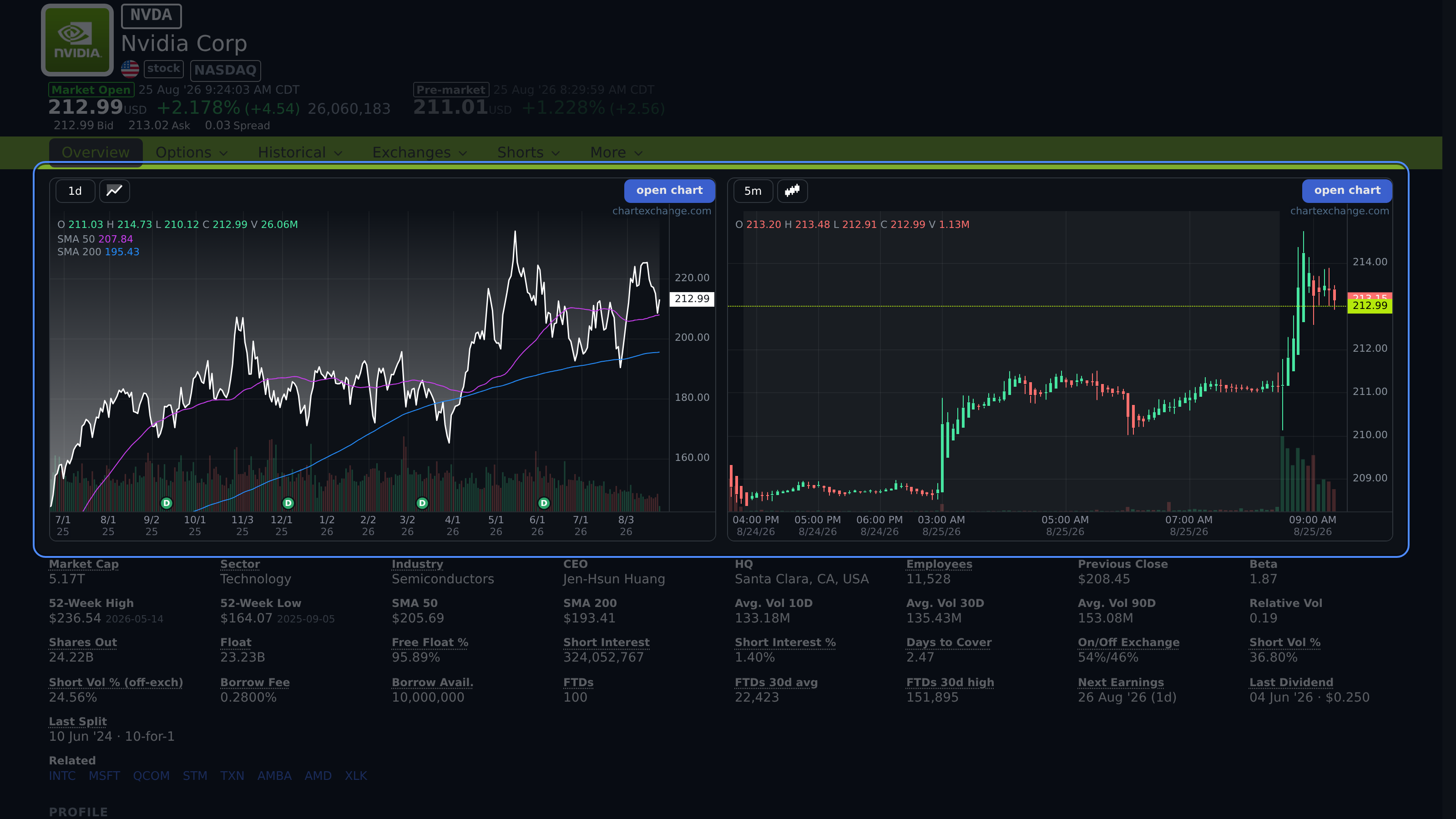 Stock Overview daily and intraday charts shown side by side