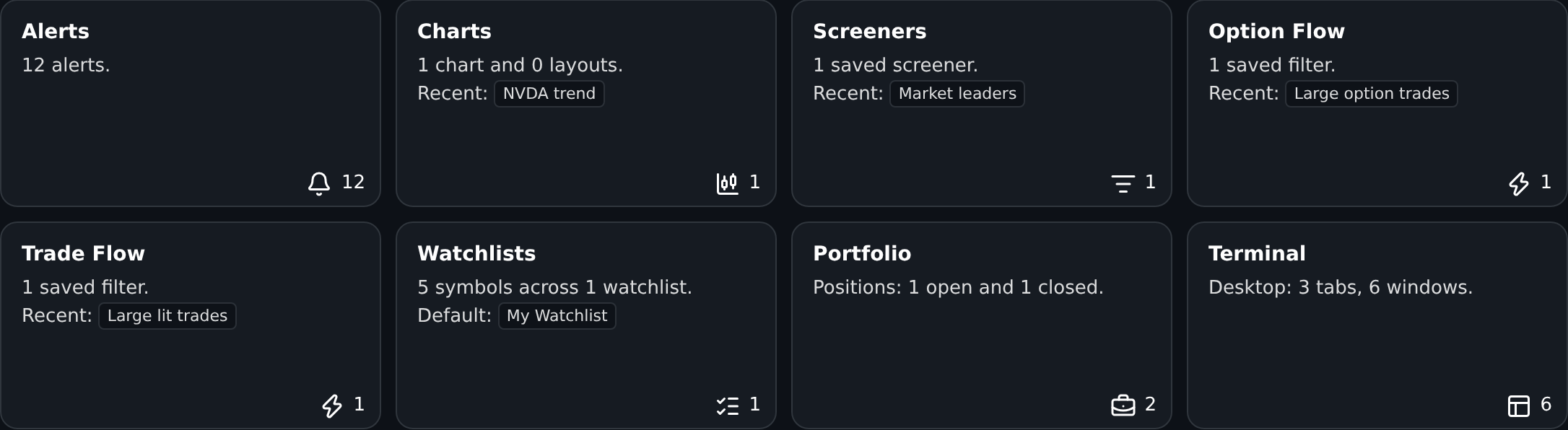Dashboard with saved alerts, charts, screeners, Flow filters, watchlists, portfolio positions, and a Terminal workspace